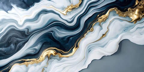 Abstract painting of white, black, and gold swirls on a blue background with white swirls. Marbled abstract background. Liquid marble pattern. Golden glitter texture. Fluidart, poster, wallpaper.