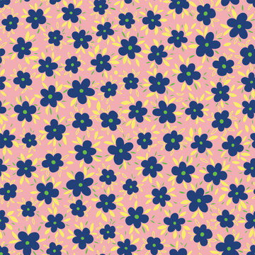 Cute retro flowers with leaves seamless repeat pattern. Random placed, vector botany aop all over surface print.