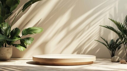 Elegant Product Staging: Beautiful Wooden Podium with Plant Decor for Professional Advertising