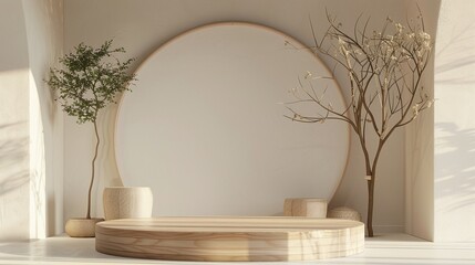 Elegant Product Staging: Beautiful Wooden Podium with Plant Decor for Professional Advertising