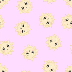Fototapeta premium Seamless pattern with a sun on a pink background. A children's pattern.