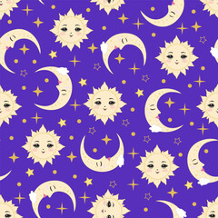 A seamless pattern featuring the sun, moon, and stars against a blue and purple background. This is a children's pattern.