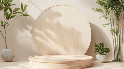 Elegant Product Staging: Beautiful Wooden Podium with Plant Decor for Professional Advertising