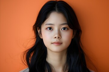 Captivating Young asian Woman Against Vibrant Orange Background Natural Beauty Portrait