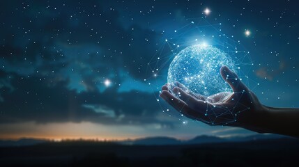 global network connection circle in hand on night sky background/soft focus image/Blue tone concept AI generate
