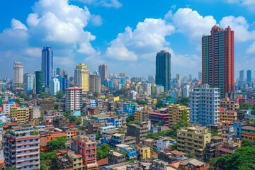 Fototapeta premium This photo captures a view of a city dominated by towering buildings, showcasing the urban landscape and architecture, Mumbai's chaotic and colorful skyline at midday, AI Generated