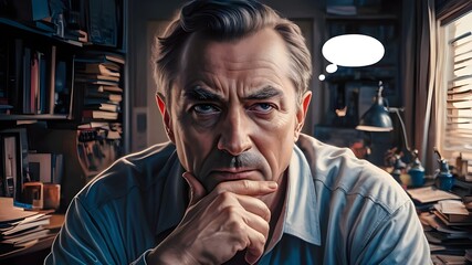 A deep-thinking man in a thoughtful pose. He has furrowed eyebrows and is holding his chin with one hand, thinking how to solve a problem.