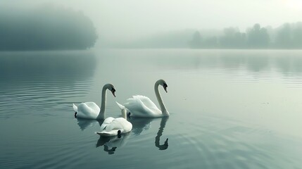 Fototapeta premium Graceful swans swimming in a serene lake 