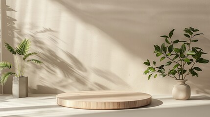 Elegant Product Staging: Beautiful Wooden Podium with Plant Decor for Professional Advertising