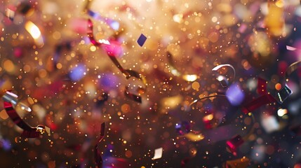Close-up of colorful confetti pieces in mid-air party celebration.