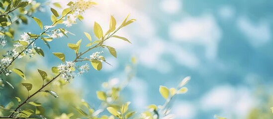 Obraz premium Beautiful blurred background image of spring nature with surrounded by trees against a blue sky with clouds on a bright sunny day AI generated