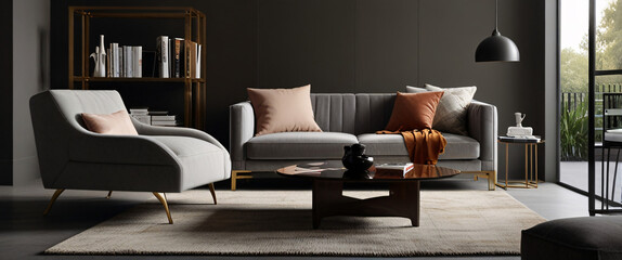 Luxurious modern living room interior with plush sofa, stylish decor, and ample natural light