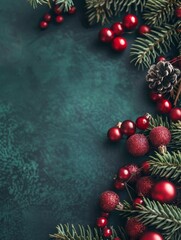 Christmas decoration with pine branches red berries and pinecones on a green background.