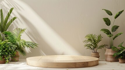 Elegant Product Staging: Beautiful Wooden Podium with Plant Decor for Professional Advertising
