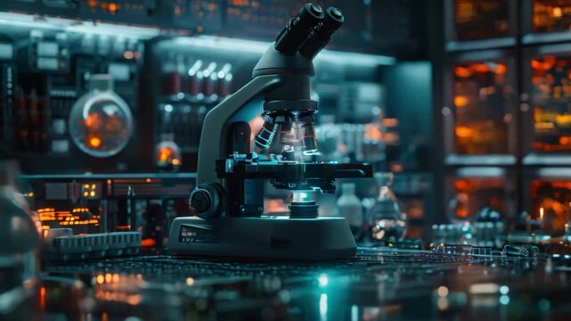 A close-up of a microscope in a futuristic lab setting, highlighting the potential of lab-on-a-chip technology.