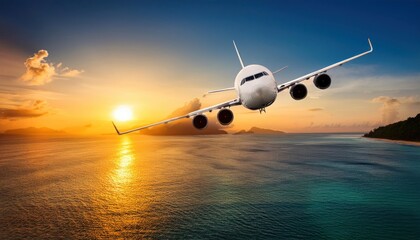 Fototapeta premium Airplane Flying Over Tropical Sea at Sunset – Scenic Travel View