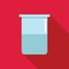 Laboratory glass beaker filled with blue liquid on red background representing scientific experiment