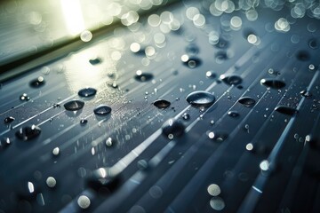 Close-up of water droplets on a reflective surface, showcasing the beauty of nature and light in a serene, tranquil setting.