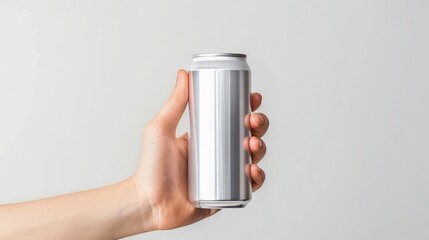 A hand holding a sleek, blank aluminum can against a minimalist background, perfect for branding or product mockups.