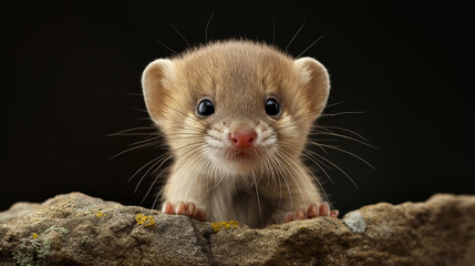 Fototapeta premium Adorable baby stoat with wide eyes and tiny paws peeking over a rock, showcasing its innocence and curiosity.