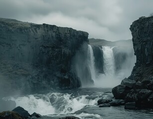 waterfall producing mist, in the style of a waterfall aboard a wide river