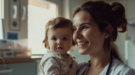 Fototapeta premium A child on hands of smiling female pediatrician in a medical office