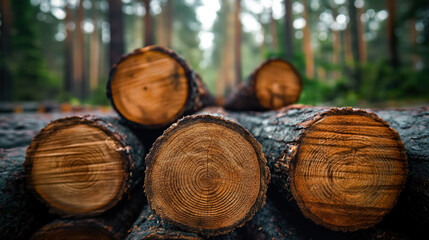 Stacked tree logs in a forest setting highlight logging activities.