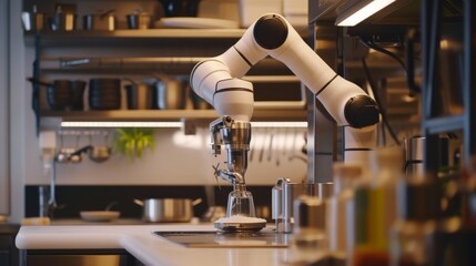 Fototapeta premium A modern high-tech kitchen with a robotic arm brewing coffee. The sleek, innovative environment highlights advanced automation in everyday tasks, demonstrating the future of culinary convenience and