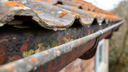 Rusty gutter on an old building with moss and lichen.