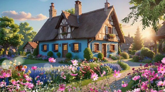 Enchanting blue cottage surrounded by blossoming garden during sunset. Beautiful countryside living concept