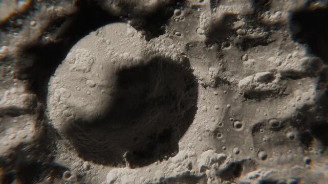 Realistic render of the surface of the moon, a crater in the middle camera slowly moves down