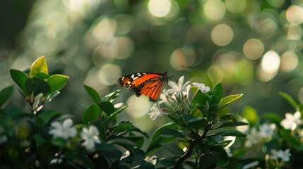 Outdoor photo of butterfly-and-huming-bird-attract-to-star-jasmine-vine AI generated