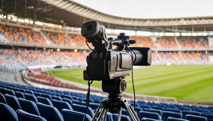Professional video camera set up in a stadium, ready to capture live sports events with empty seats in the background.