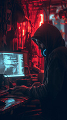 Obraz premium A shadowy figure lurking in the digital shadows, using their hacking skills to steal sensitive information and disrupt critical systems