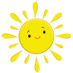 Cartoon funny sun character. Isolated  of adorable solar. Bright summer and weather personages with kawaii faces, big eyes and smiles, and fun