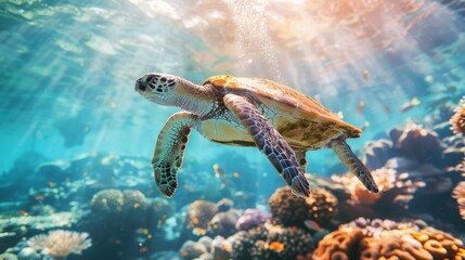 sea turtle, swimming above a colorful coral reef and textured shell and flippers 