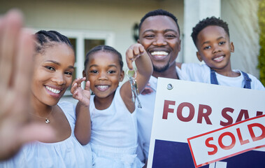 Selfie, parents and kids with house sale or sold poster with smile for property ownership. Investment, black family and happy on portrait at home with insurance for protection and real estate