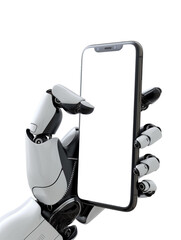 Robot holding smartphone mockup PNG