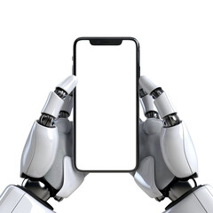 Robot holding smartphone mockup PNG