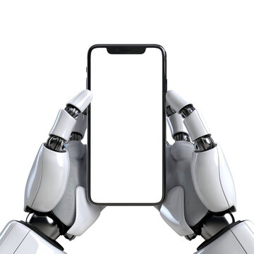 Robot holding smartphone mockup PNG