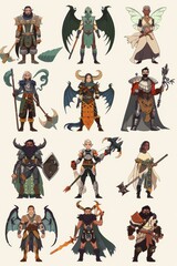 game characters, featuring a merfolk healer, a dwarven blacksmith, a fairy ranger, and a warlock 