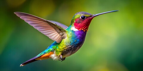 Fototapeta premium Closeup of colorful hummingbird flying in mid-air Generative By AI, bird, flying, hummingbird, colorful