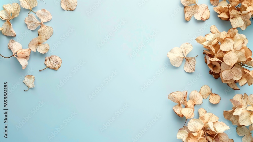 Canvas Prints top view of dried hydrangea flowers on light blue background with space for text