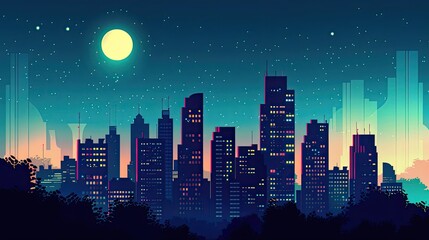 Night City Skyline Vector Retro Illustration AI generated