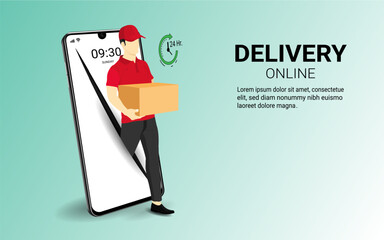 3d Vector illustration. Delivery courier man holding Parcel Box coming out of the mobile screen. Fast delivery, Online order, cardboard package box, online shopping, Online transport, delivery service