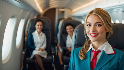 Obraz premium Beautiful smiling girl stewardess on the plane