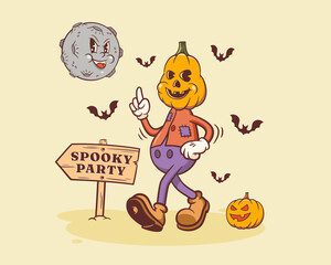Naklejka premium Halloween Groovy Pumpkin Retro Character. Cartoon Jack O Lantern Walking by a Pumpkin to Spooky Party under Evil Moon. Vector Autumn Holiday Mascot Template. Happy Vintage Cool Illustration Isolated