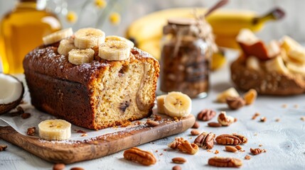Coconut oil banana bread recipe, white background, copy space, delicious dessert