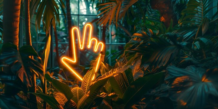 shining big orange neon victory mark symbol or peace hand sign amongst deserted plants garden at night