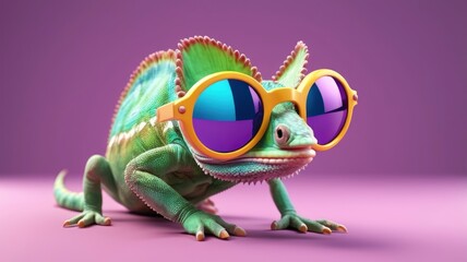 Fototapeta premium Digital art chameleon with sunglasses, minimal and faceted on solid color background